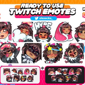 May include: A collection of Twitch emotes featuring a cartoon character with brown hair and various expressions. The emotes include a heart, sleeping, and angry faces. The image also displays the sizes available for the emotes: 28x28, 56x56, 112x112, and 500x500 pixels.