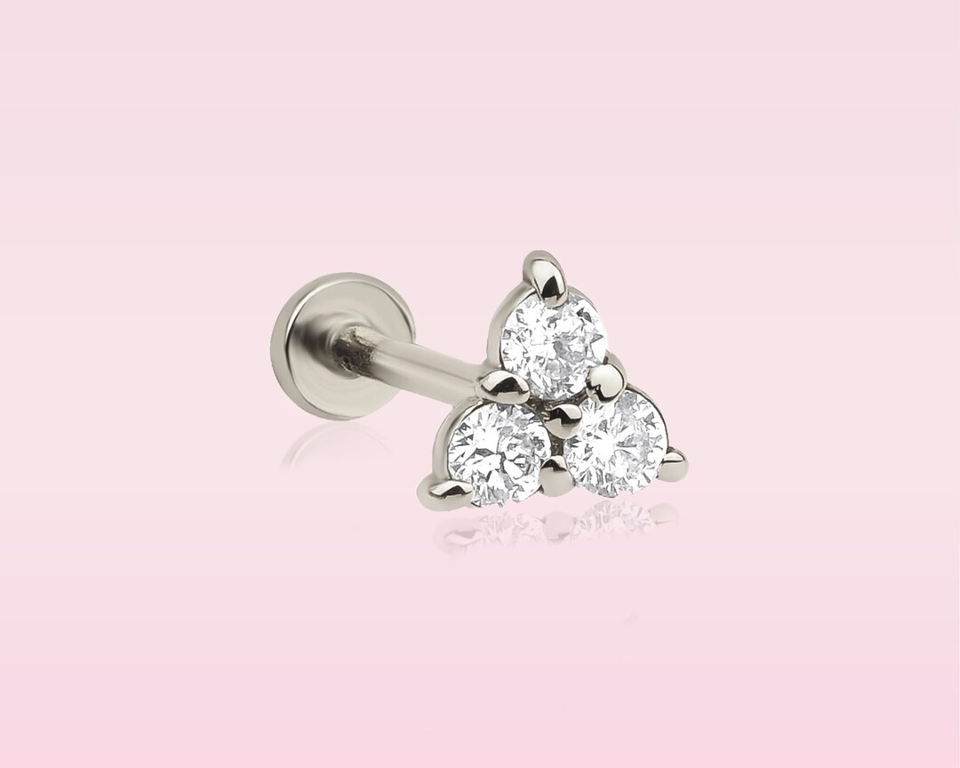 Cartilage Piercing With Three Natural Diamond Flat Piercing in 14K