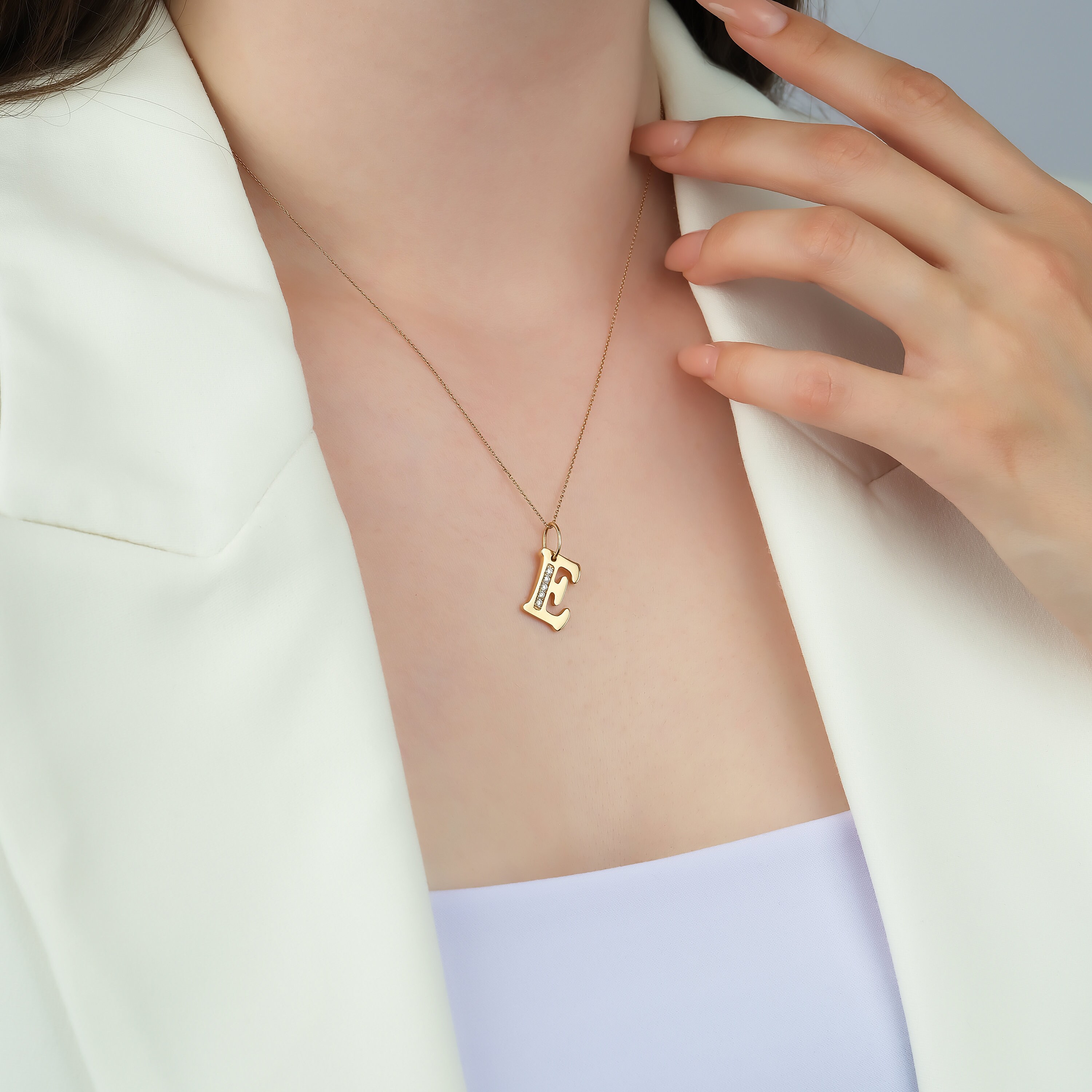 E Letter Necklace With Diamond Dainty 18K Solid Gold Alphabet Necklace