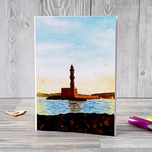 Grußkarte Leuchtturm von Chania, handgemacht | Griechenland, Kreta Motiv | Geburtstagskarte |