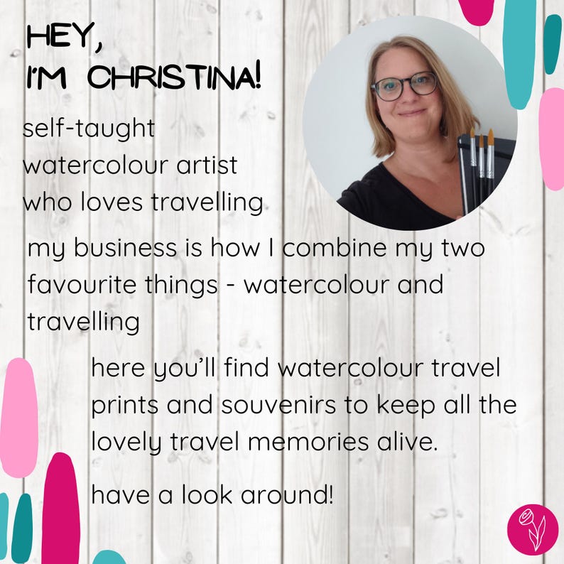 May include: White wooden background with text: "HEY, I'M CHRISTINA!" and details about a self-taught watercolor artist who loves traveling. Includes a photo of the artist holding paintbrushes.