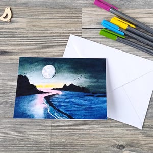Grußkarte Moonlight Beach, handgemacht mit Aquarellmalerei | Strand Motiv | Geburtstagskarte inklusive Umschlag
