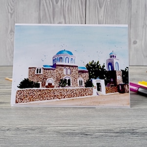 Wenskaart Zia, Kos, handgemaakte aquarelkaart | Griekenland motief | Verjaardagskaart | Wenskaart met envelop