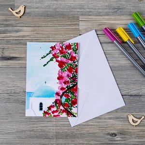 Tarjeta de felicitación con sobre incluido | Santorini, Grecia | Tarjeta de acuarela hecha a mano | Tarjeta de cumpleaños, felicitaciones, recuerdo