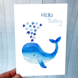 süße Karte zur Geburt mit aquarell Wal inklusive Umschlag / Grußkarte Baby / Hello Baby / Babykarte mit Wal/ Geschenk zur Geburt