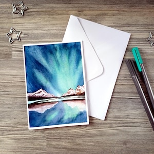 Handgemachte Grußkarte mit Aquarell Nordlichtern | Winter Motiv | Geburtstagskarte | Weihnachtskarte | Grußkarte inklusive Umschlag