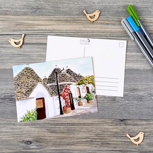 Postkarte Alberobello Italien - aquarell Motiv von den berühmten Trulli / Grußkarte, Geschenkanhänger, Miniprint