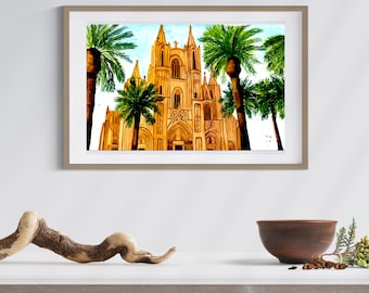 Grafika artystyczna katedry w Palma de Mallorca – Wspomnienia z Hiszpanii – Plakat akwarelowy, prezent na ścianę, wspomnienie z wakacji