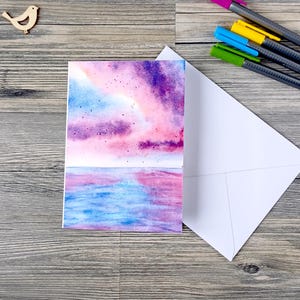 Grußkarte Sunset Beach, handgemacht mit Aquarellmalerei | Strand Motiv | Geburtstagskarte inklusive Umschlag