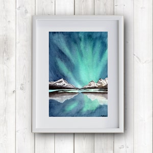Stampa artistica ad acquerello dell'aurora boreale luminosa / decorazione murale unica dei tuoi ricordi di viaggio. Regalo della natura con poster da parete