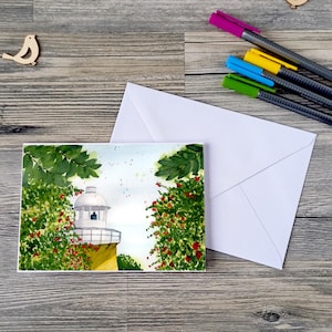 Grußkarte inklusive Umschlag, Leuchtturm im Frühling, handgemacht mit Aquarellmalerei | Leuchtturm Motiv | Geburtstagskarte, Glückwünsche