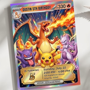 May include: A birthday invitation card featuring a vibrant illustration of several Pokémon characters, including Charizard, Pikachu, and Mewtwo. The card has the text "Dustin 5th Birthday" and event details. The design includes a holographic effect and the words "Editable Template" and "Instant Download".