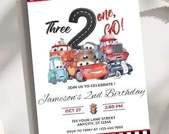 Lightning Mcqueen 2nd Birthday Invitation, Cars Theme, Kids Birthday Party, Editable Personalized Canva Template, Digital Download