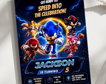 Sonic Birthday Invitation Digital, Sonic The Hedgehog, Editable Kids Birthday Party Invite, Canva Template, Digital Instant Download.
