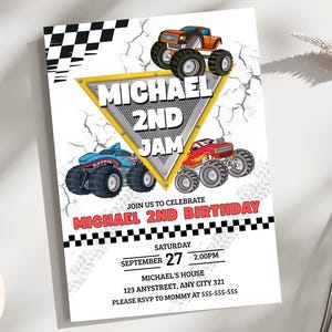 May include: A white invitation card with a monster truck theme. The card features three colorful monster trucks, the text "MICHAEL 2ND JAM", and event details. The card also includes the text "EDITABLE TEMPLATE", "INSTANT DOWNLOAD", and "EASY TO USE".