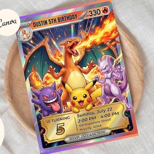 May include: A birthday invitation card featuring a Charizard, Pikachu, Gengar, and Mewtwo design. The card reads "Dustin 5th Birthday" with event details. The card is a template with the text "Editable Template, Instant Download, Easy to Use".