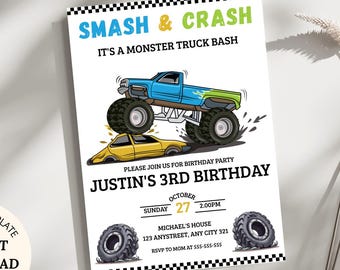 Editable Monster Truck Birthday Invitation, Boom Crash Monster Bash Invite, Trucks Birthday Invite, Instant Download