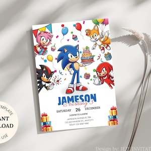 Edytowalne zaproszenie urodzinowe Sonic, zaproszenie na imprezę Sonic The Hedgehog, szablon Shadow Boys Girls, Canva do filmów dla dzieci, natychmiastowe pobieranie