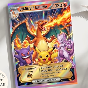 Pokemon Birthday Invitation, Pikachu Charizard Party Invite, Canva Template, Editable Digital Download image 1