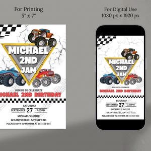 May include: A birthday invitation featuring a monster truck theme. The design includes a yellow triangle with the text "MICHAEL 2ND JAM" and illustrations of monster trucks. The invitation is 5" x 7".