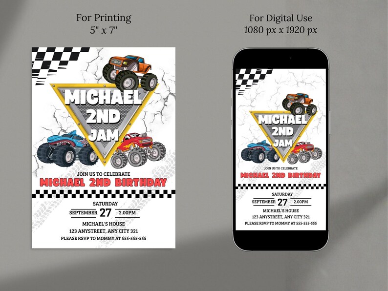 May include: A birthday invitation featuring a monster truck theme. The design includes a yellow triangle with the text "MICHAEL 2ND JAM" and illustrations of monster trucks. The invitation is 5" x 7".