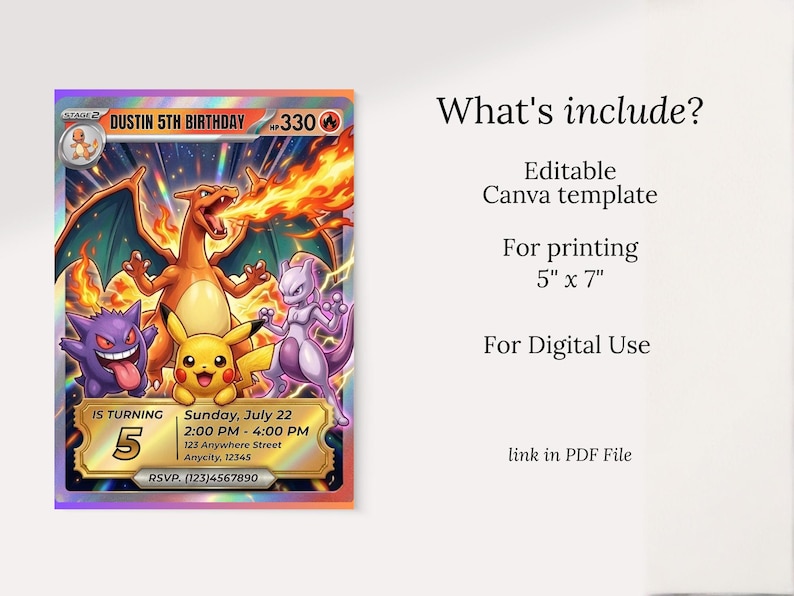 May include: A colorful birthday invitation featuring popular characters. The card includes the text "Dustin 5th Birthday" and event details. The invitation is 5 inches by 7 inches and is for digital use.