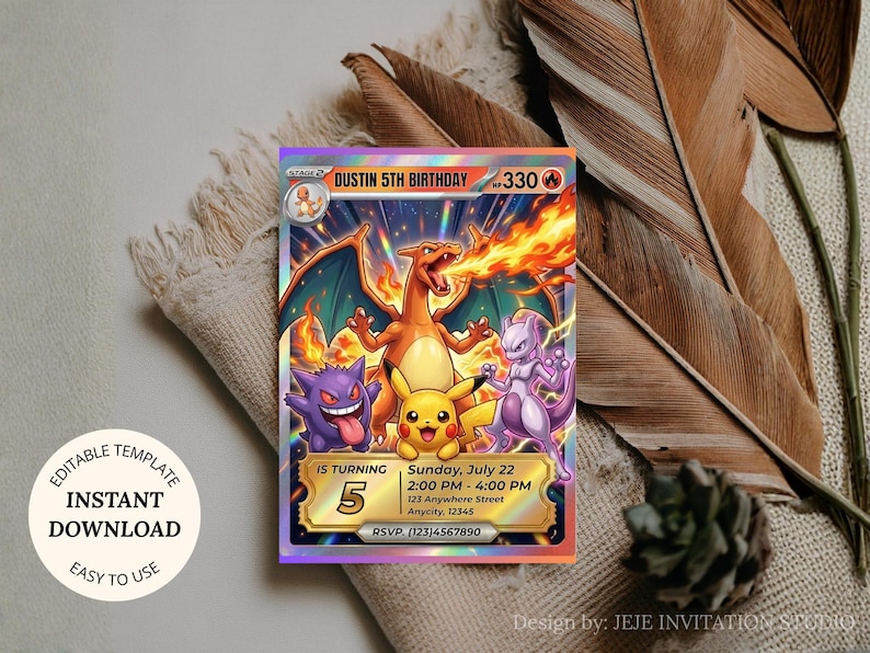 May include: A colorful birthday invitation featuring popular cartoon characters. The invitation includes the text "Dustin 5th Birthday" and event details. The design incorporates vibrant colors and a playful theme, perfect for a child's birthday celebration.