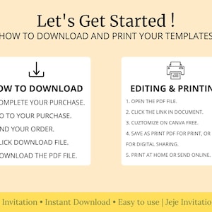May include: A tan graphic with instructions for downloading and printing templates. The text reads "Let's Get Started!" and includes steps for downloading and editing, with icons for download and printing. The bottom banner says "Editable Invitation &bull; Instant Download &bull; Easy to use".