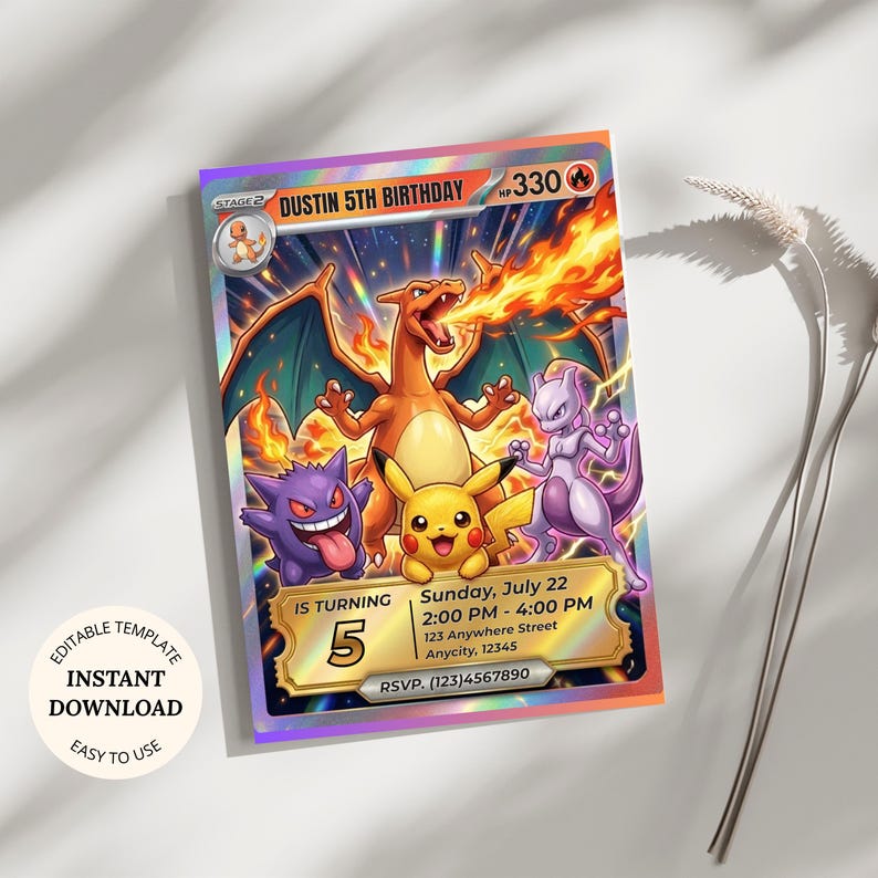 Pokemon Birthday Invitation, Pikachu Charizard Party Invite, Canva Template, Editable Digital Download image 1
