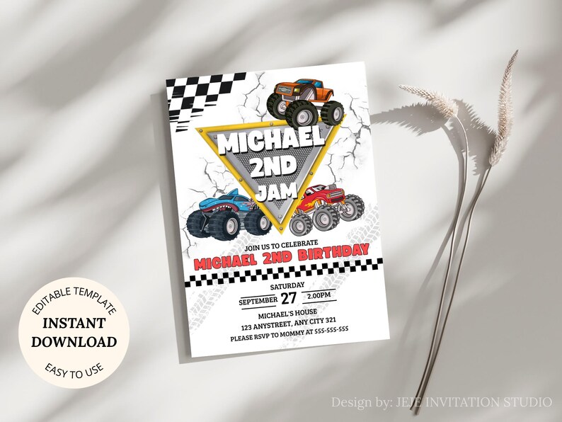 May include: A white invitation card with a monster truck theme. The card features three colorful monster trucks, the text "MICHAEL 2ND JAM", and event details. The card also includes the text "EDITABLE TEMPLATE", "INSTANT DOWNLOAD", and "EASY TO USE".