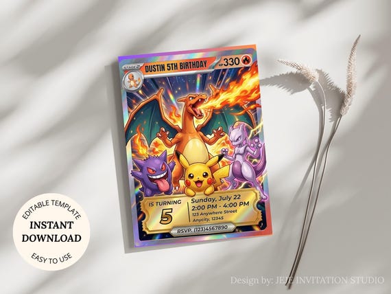 Pokemon Birthday Invitation, Pikachu Charizard Party Invite, Canva Template, Editable Digital Download