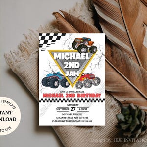 May include: An invitation template for a second birthday party, featuring monster trucks in blue, orange, and red. The design includes the text "MICHAEL 2ND JAM" and event details. The invitation is an instant download and easy to use.