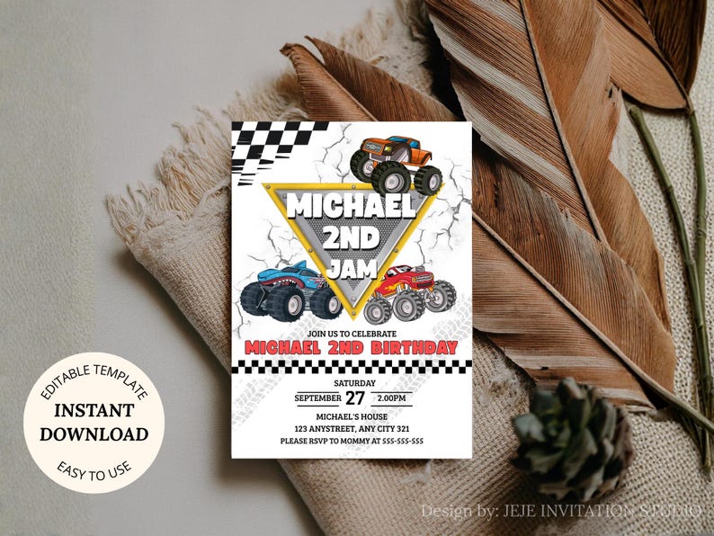 May include: An invitation template for a second birthday party, featuring monster trucks in blue, orange, and red. The design includes the text "MICHAEL 2ND JAM" and event details. The invitation is an instant download and easy to use.