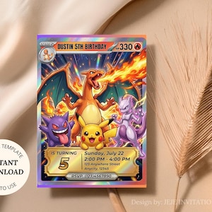May include: A colorful birthday invitation featuring popular cartoon characters. The invitation includes the text "Dustin 5th Birthday" and event details. The design includes a holographic effect and the words "Editable Template", "Instant Download", and "Easy to Use".