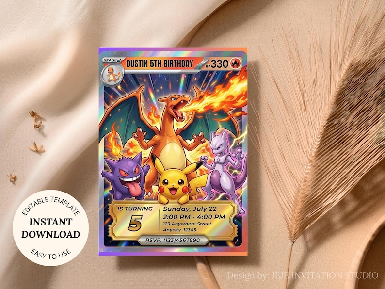 May include: A colorful birthday invitation featuring popular cartoon characters. The invitation includes the text "Dustin 5th Birthday" and event details. The design includes a holographic effect and the words "Editable Template", "Instant Download", and "Easy to Use".