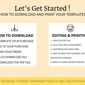 May include: A beige graphic with instructions on how to download and print templates. The text includes steps for downloading and editing, with icons for a download arrow and a printer. The bottom of the graphic reads "Editable Invitation &bull; Instant Download &bull; Easy to use | Jeje Invitation Studio."