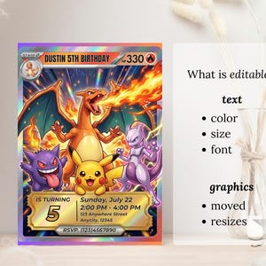 May include: A custom birthday invitation card featuring a vibrant illustration of popular cartoon characters. The card includes the text "Dustin 5th Birthday" and event details. The design is colorful with a holographic effect.