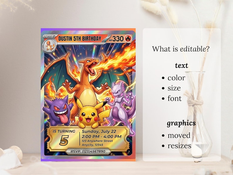 May include: A custom birthday invitation card featuring a vibrant illustration of popular cartoon characters. The card includes the text "Dustin 5th Birthday" and event details. The design is colorful with a holographic effect.
