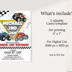 May include: A birthday invitation with a monster truck theme. The invitation features three monster trucks, the text "MICHAEL 2ND JAM", and event details. The invitation is for a 2nd birthday celebration.
