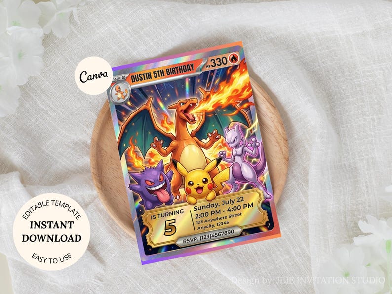 May include: A birthday invitation card featuring a Charizard, Pikachu, Gengar, and Mewtwo design. The card reads "Dustin 5th Birthday" with event details. The card is a template with the text "Editable Template, Instant Download, Easy to Use".