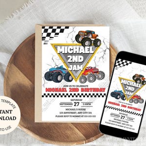 May include: A birthday invitation with a monster truck theme. The invitation features three monster trucks in orange, blue, and red. The text reads "MICHAEL 2ND JAM" and "MICHAEL 2ND BIRTHDAY". A smartphone displays the same design.