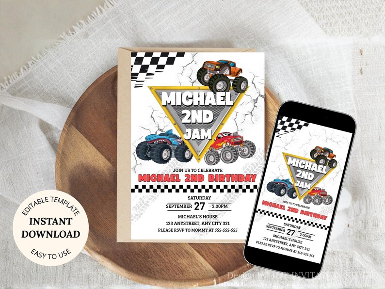 May include: A birthday invitation with a monster truck theme. The invitation features three monster trucks in orange, blue, and red. The text reads "MICHAEL 2ND JAM" and "MICHAEL 2ND BIRTHDAY". A smartphone displays the same design.