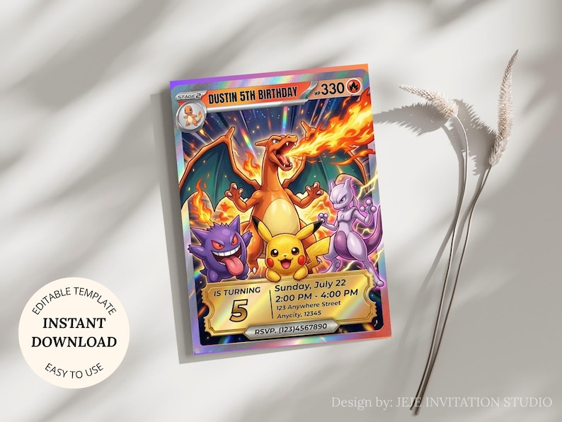 May include: A birthday invitation card featuring a vibrant illustration of several Pokémon characters, including Charizard, Pikachu, and Mewtwo. The card has the text "Dustin 5th Birthday" and event details. The design includes a holographic effect and the words "Editable Template" and "Instant Download".