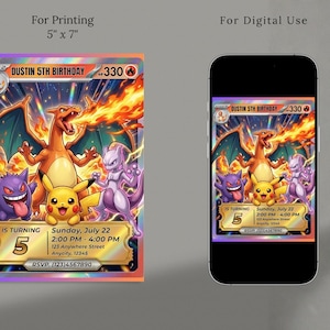 May include: A vibrant birthday invitation featuring a Charizard, Pikachu, Gengar, and Mewtwo illustration. The invitation is 5" x 7" and includes event details: "Dustin 5th Birthday", date, time, and RSVP information.