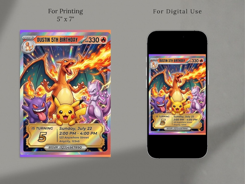 May include: A vibrant birthday invitation featuring a Charizard, Pikachu, Gengar, and Mewtwo illustration. The invitation is 5" x 7" and includes event details: "Dustin 5th Birthday", date, time, and RSVP information.
