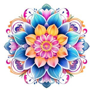 6 Colorful Boho Mandala Flower Clipart, 406 DPI, Mandala Flower PNG, 6 Designs, Printable, No Background, Commercial Use, Royalty Free