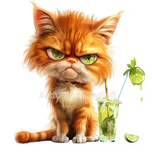 Puede incluir: Ilustración de dibujos animados de un gato naranja con expresión enfadada y ojos verdes. El gato está junto a un cóctel mojito con una rodaja de lima y menta. Fondo blanco.