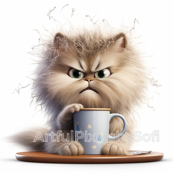 Grumpy Coffe Cat Clipart,  11 Designs, 406 DPI, Printable,No Background, Commercial Use, Royalty Free