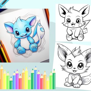 30 Cute Pokemon&#39;s Monster Coloring Book - Adults Kids Coloring Pages, Instant Download, Grayscale Coloring Book, Printable PDF File