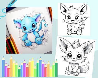 30 Cute Pokemon's Monster Coloring Book - Adults Kids Coloring Pages, Instant Download, Grayscale Coloring Book, Printable PDF File
